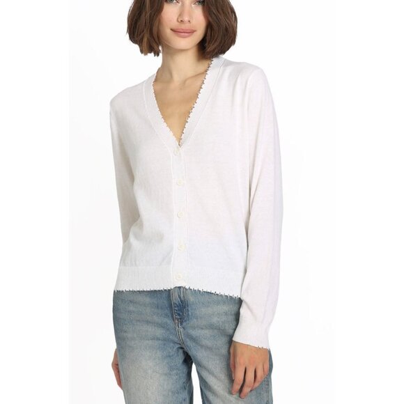 Minnie Rose Cotton Cashmere Frayed Cardi Cardigan White Size Small - Picture 1 of 5